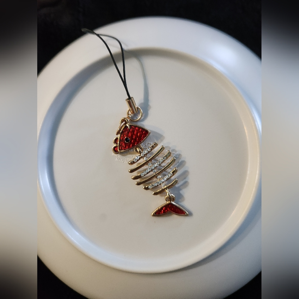 Goldtone and Red & Sparkle Fish Bone Pendant